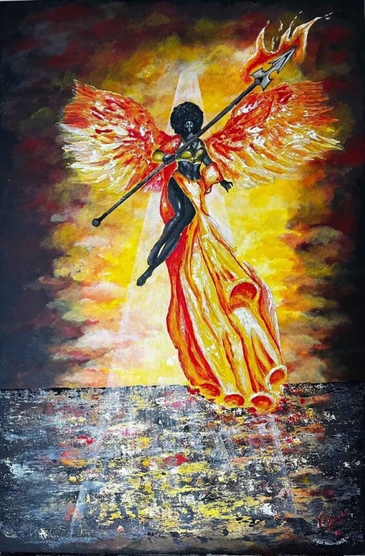 A painting of an angel with wings and a sword.