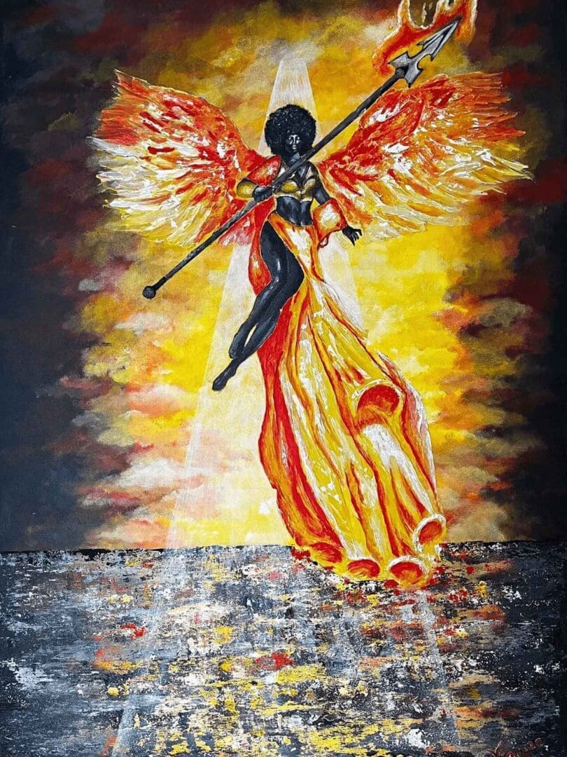 A painting of an angel with wings and a sword.
