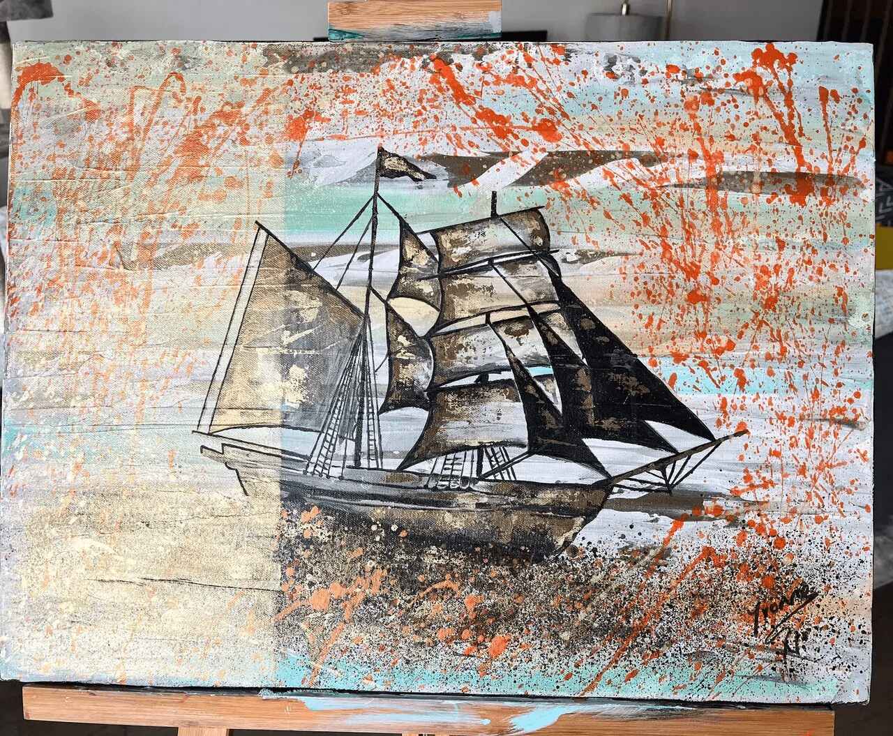 A painting of a ship on the ground.