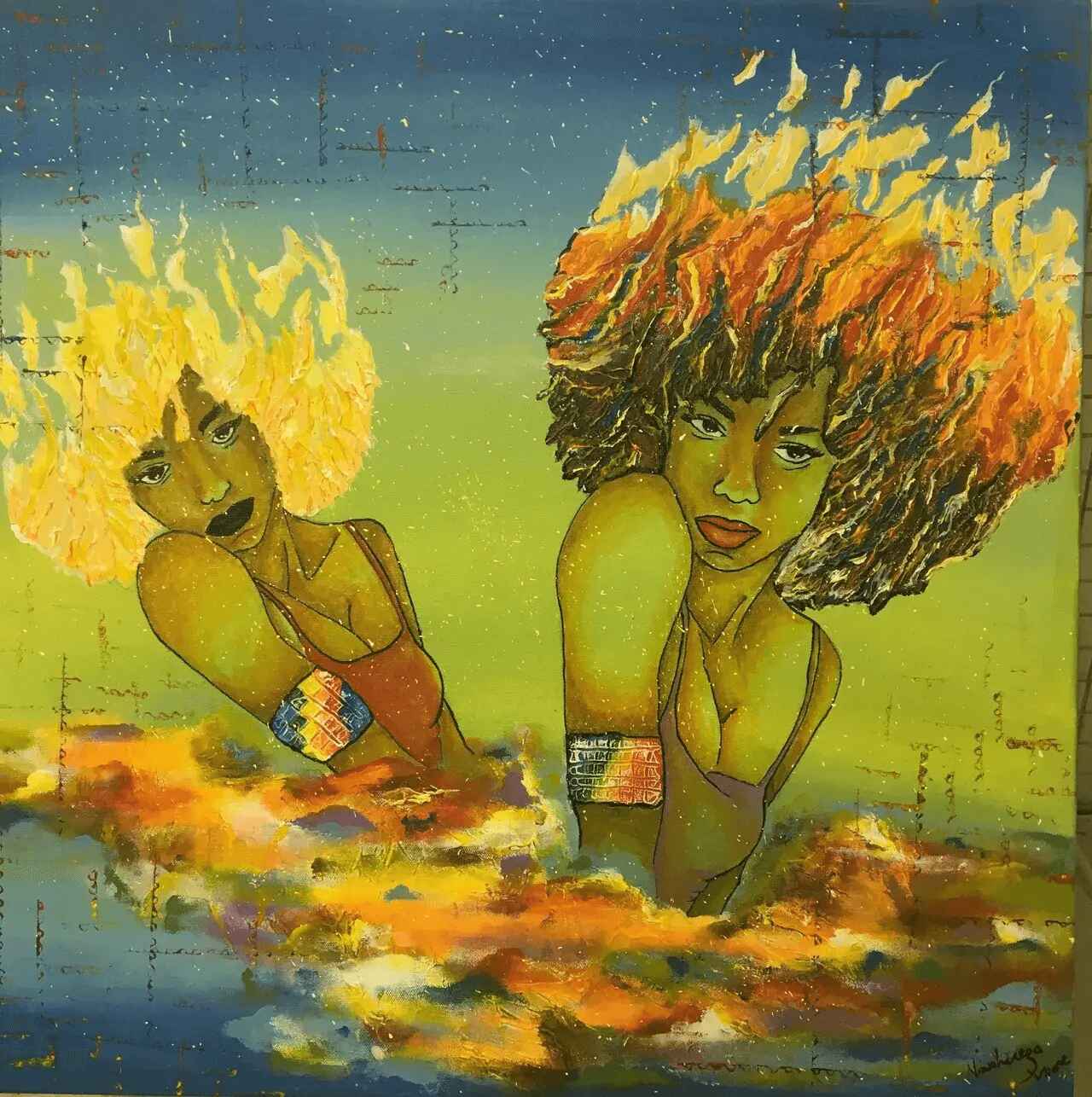 A painting of two women with fire in their hair.
