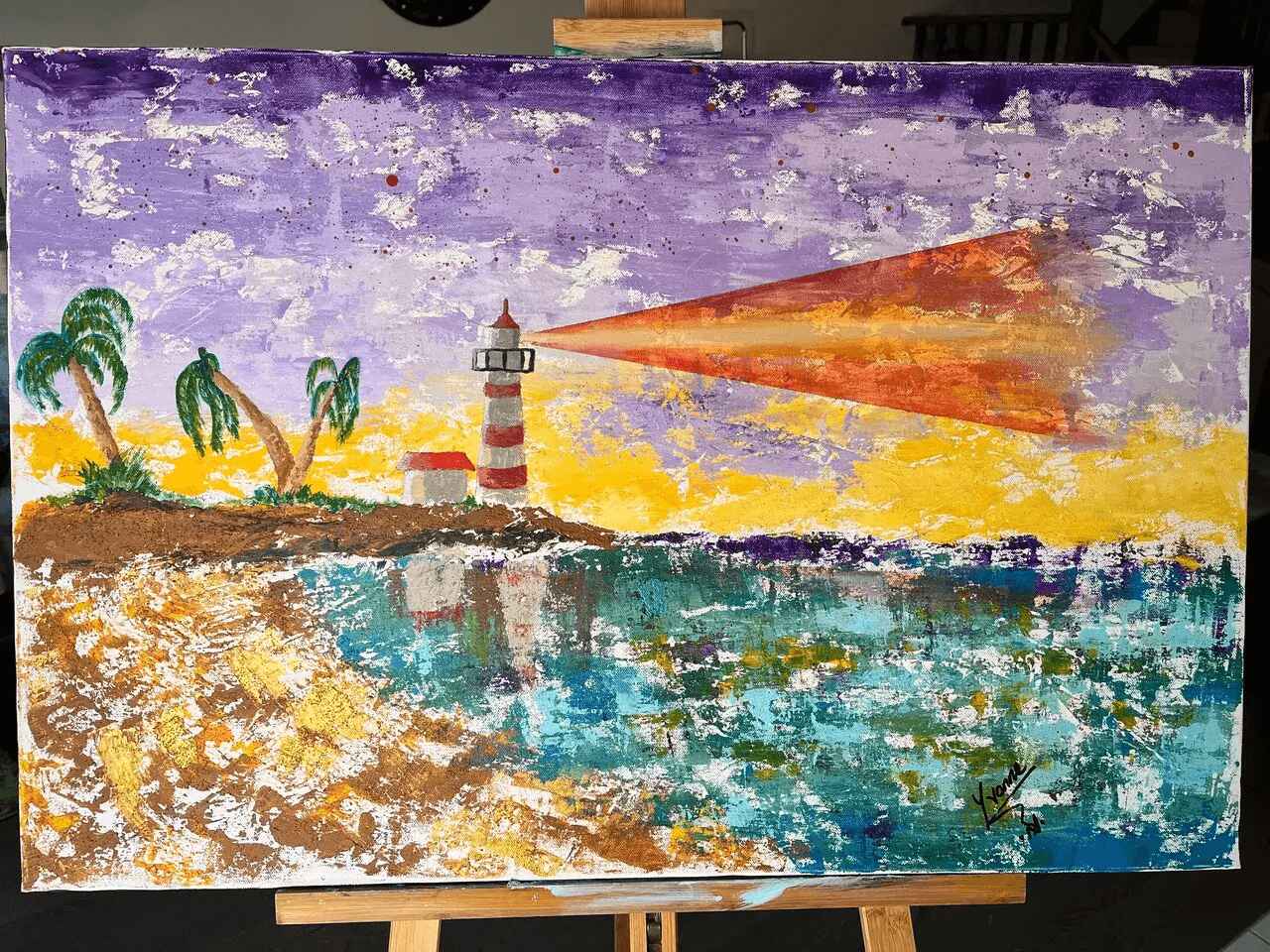 A painting of a lighthouse and the ocean.