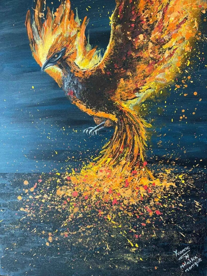A painting of an eagle with its wings spread and fire coming out.
