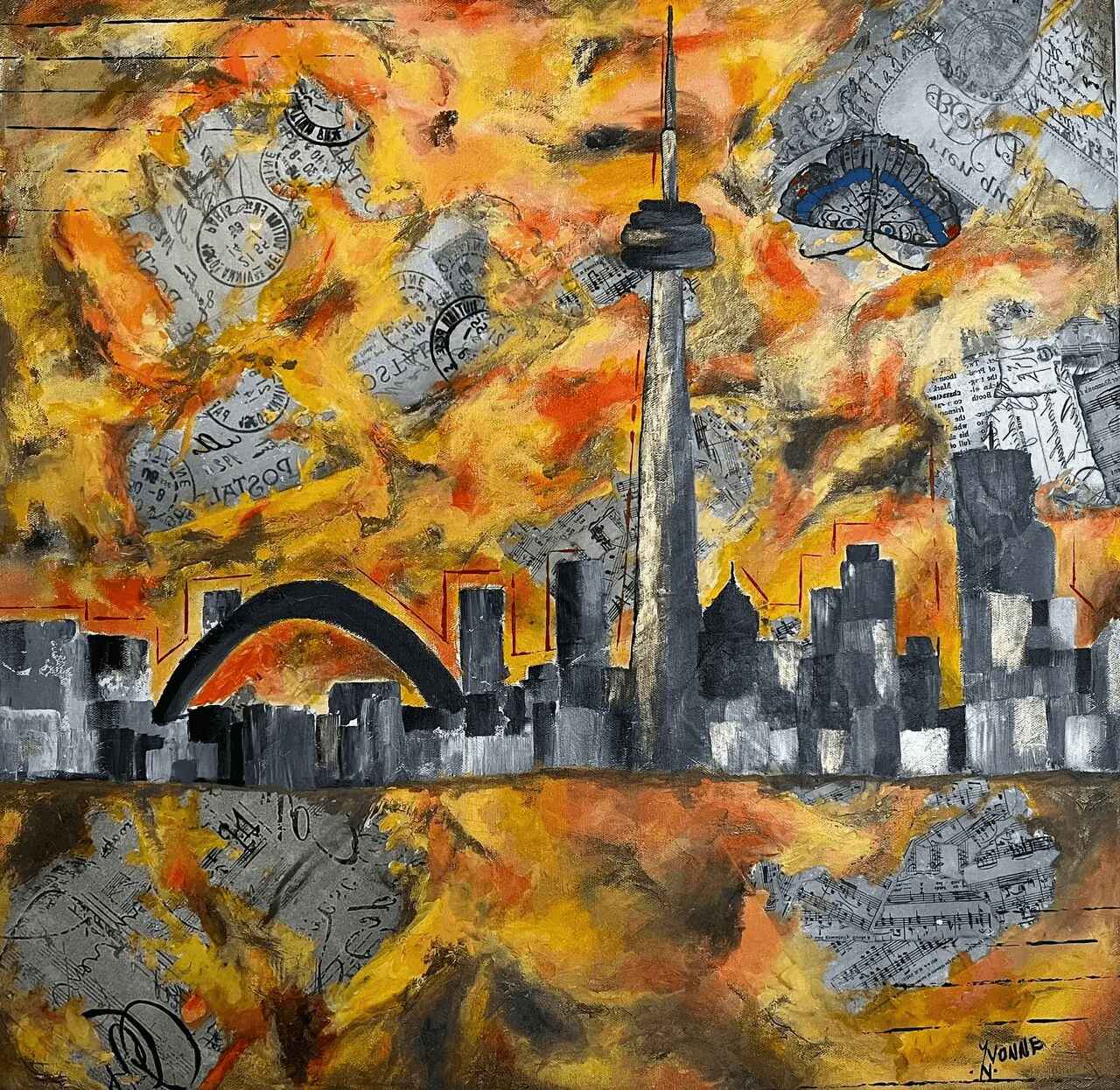 A painting of the skyline of toronto with an orange sky in the background.