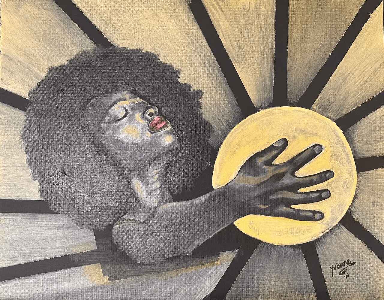 A painting of a woman holding a yellow object.