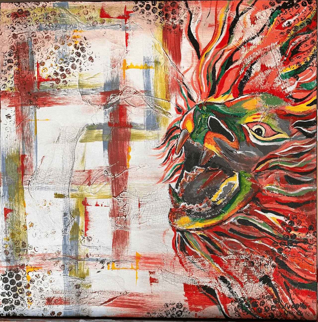 A painting of a lion with red, yellow and green colors.