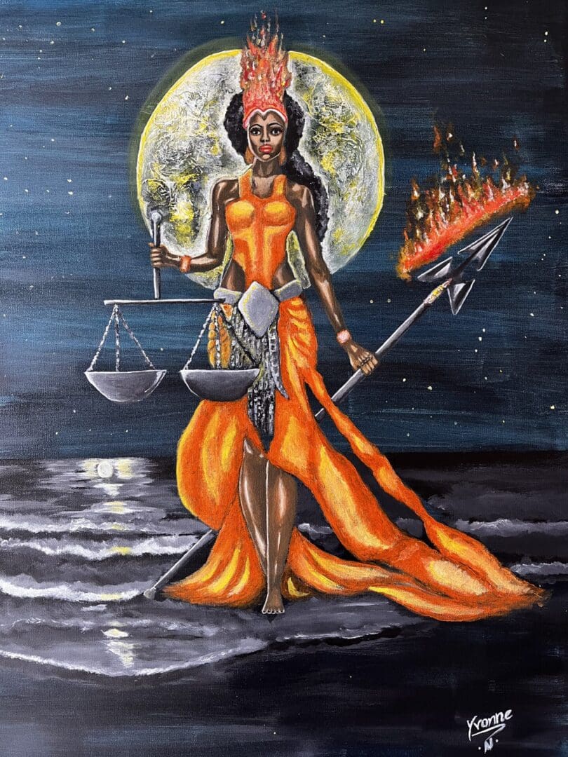 A painting of a woman holding scales and libra.