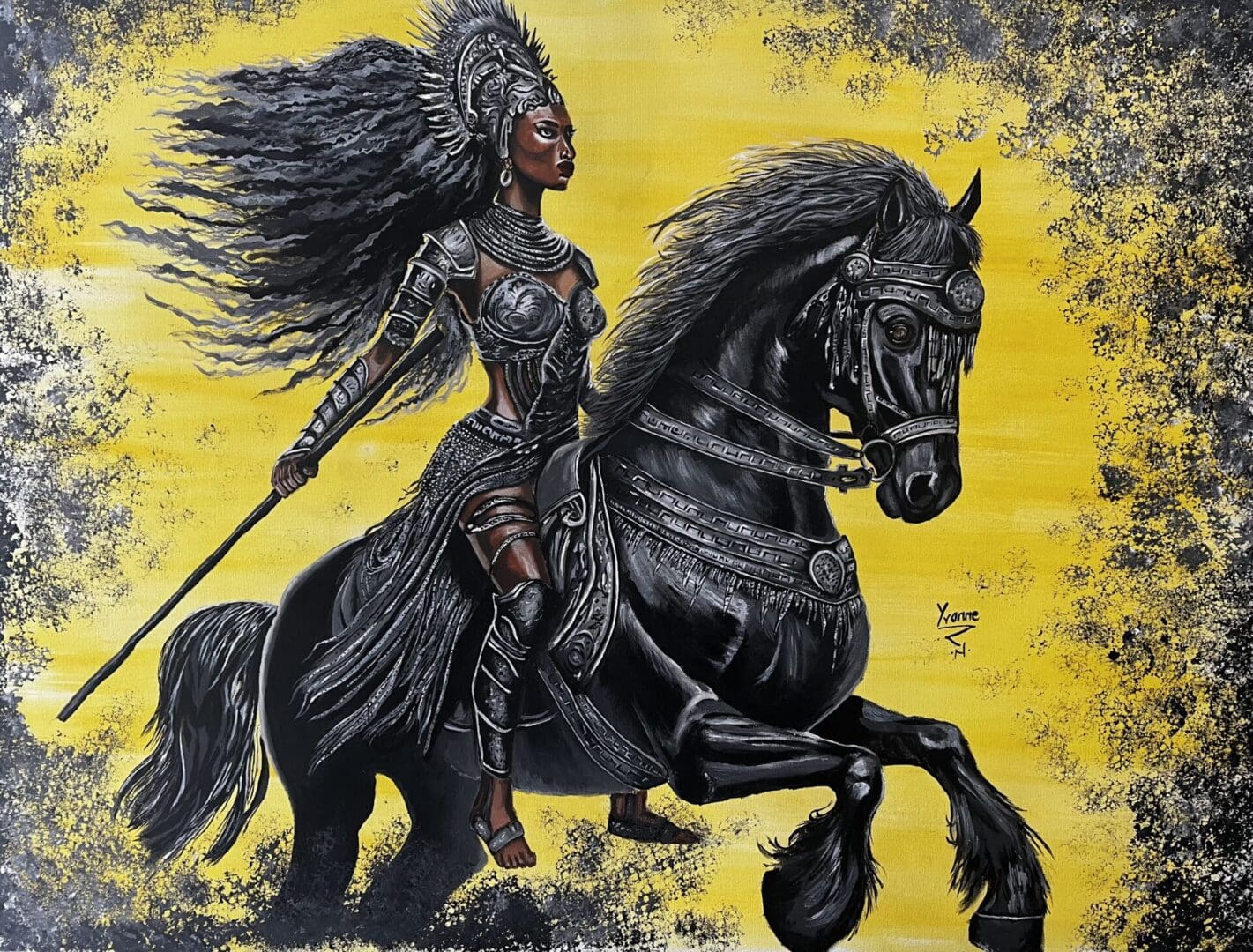A painting of a woman riding on the back of a black horse.