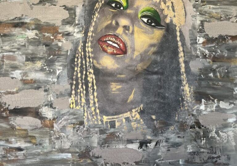 A painting of a woman with braids and green lipstick.
