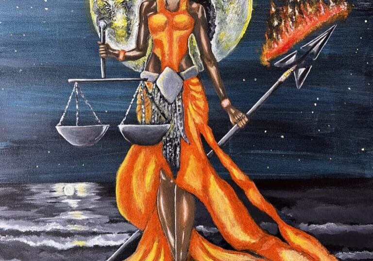 A painting of a woman holding scales and libra.