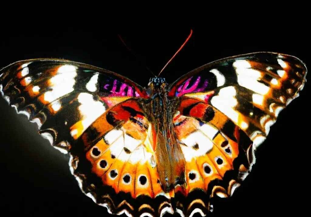 A butterfly with its wings open in the dark.