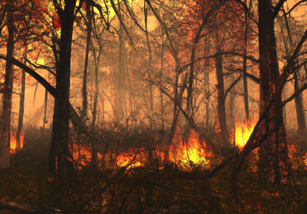 A forest with trees burning in the background